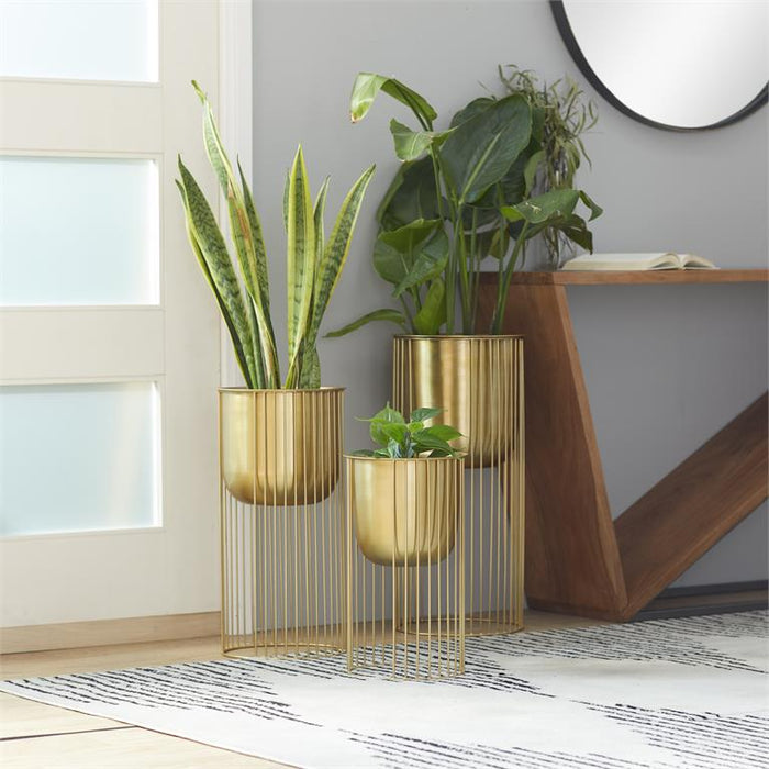 GOLD METAL DEEP RECESSED DOME PLANTER WITH ELEVATED CAGED STAND
