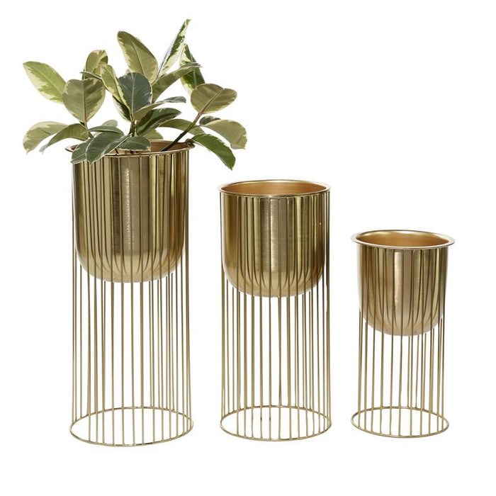 GOLD METAL DEEP RECESSED DOME PLANTER WITH ELEVATED CAGED STAND