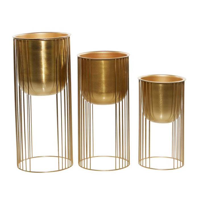 GOLD METAL DEEP RECESSED DOME PLANTER WITH ELEVATED CAGED STAND