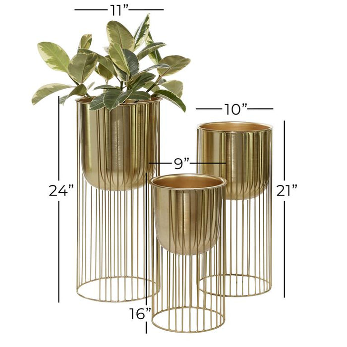 GOLD METAL DEEP RECESSED DOME PLANTER WITH ELEVATED CAGED STAND