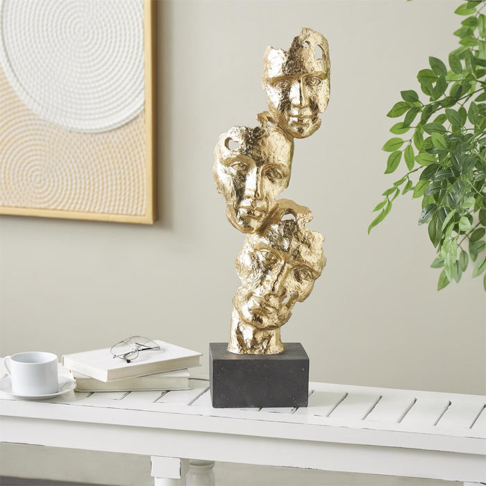 Gold Polystone Mask Stacked Face Cutout Decorative Sculpture with Black Block Base