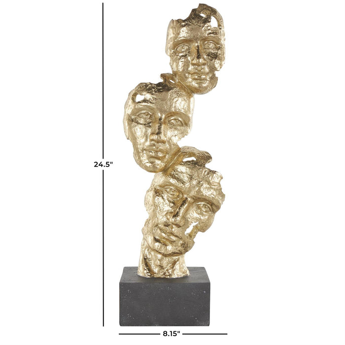 Gold Polystone Mask Stacked Face Cutout Decorative Sculpture with Black Block Base