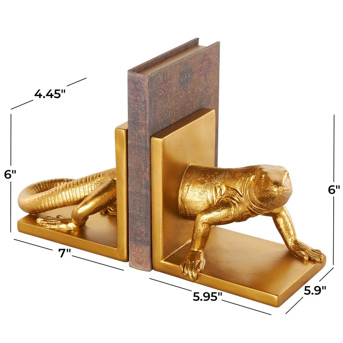 Gold Resin Lizard Crawling Decorative Bookends, Set of 2