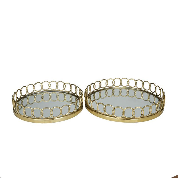 GOLD STAINLESS STEEL MIRRORED TRAY WITH CIRCLE PATTERNED SIDES