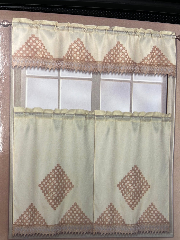GOLDEN 3pc Embroidery Kitchen Curtain Set