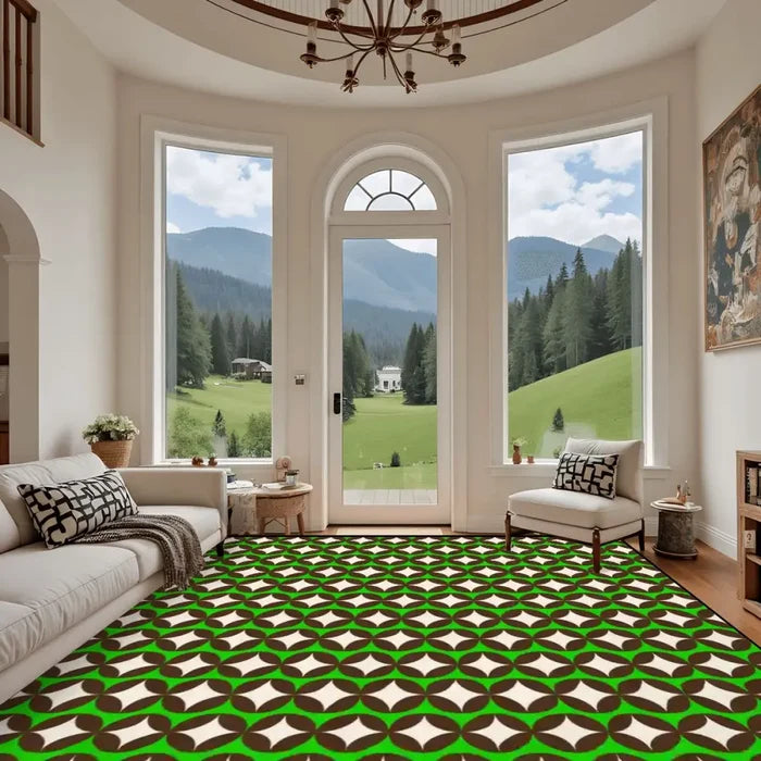 Green Brown White 70s Retro Area Rug – Large Midcentury Non-Slip Carpet - Rugs & Mats - retro