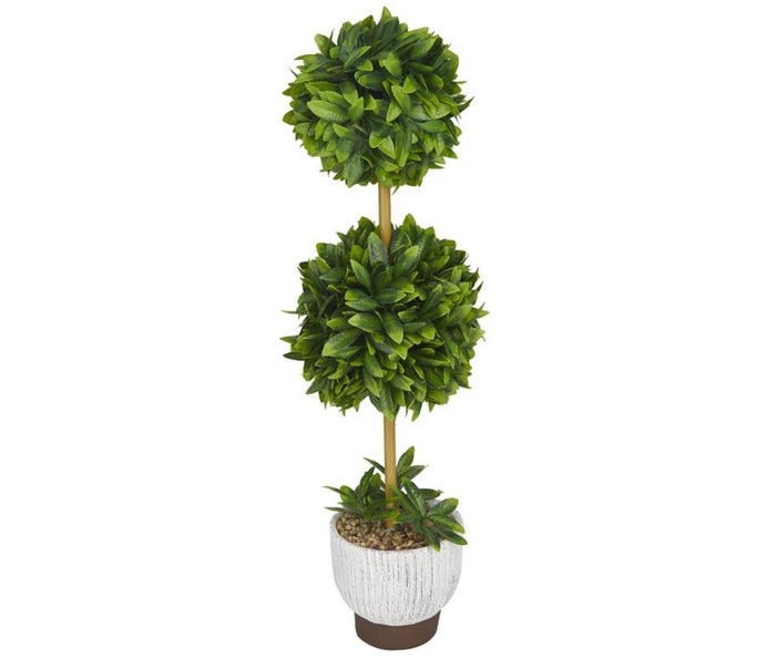 GREEN FAUX FOLIAGE BOXWOOD BALL TOPIARY WITH WHITE CEMENT POT, 9" X 8" X 27