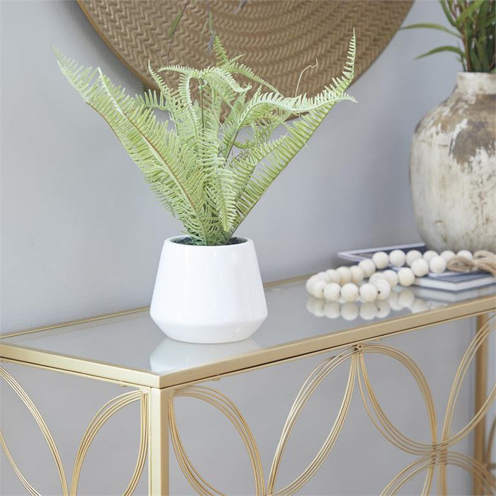 GREEN FAUX FOLIAGE FERN ARTIFICIAL PLANT WITH WHITE CERAMIC POT