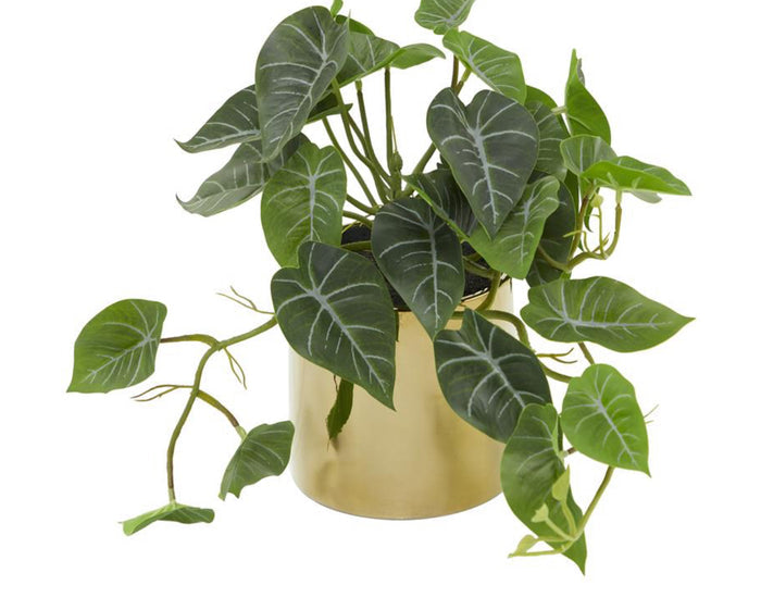 GREEN FAUX FOLIAGE POTHOS ARTIFICIAL PLANT WITH GOLD PORCELAIN POT, 14" X 14" X 12"