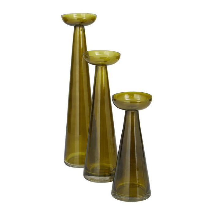 GREEN GLASS PILLAR CANDLE HOLDER, SET OF 3