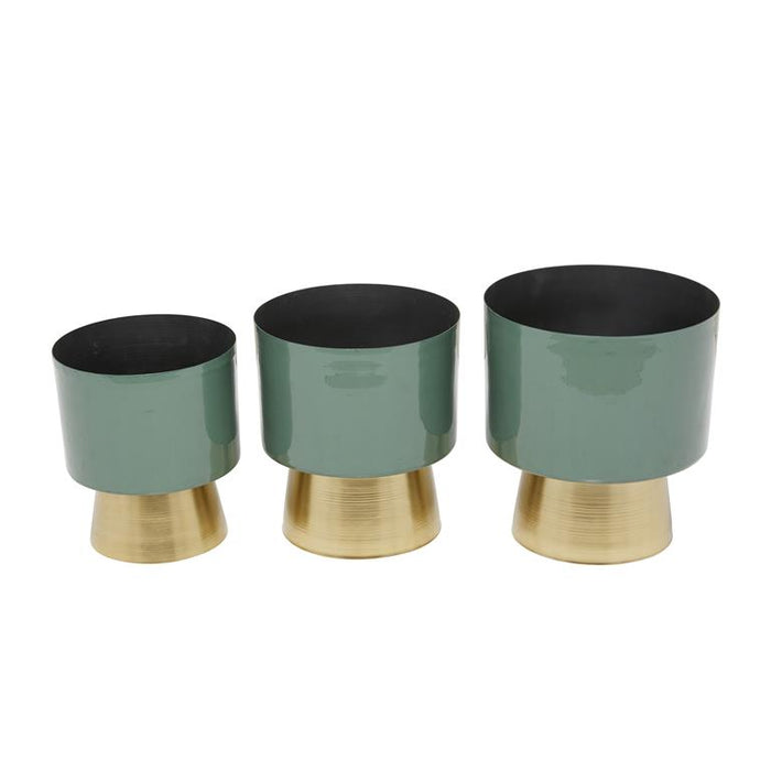 GREEN METAL PLANTER WITH GOLD BASE
