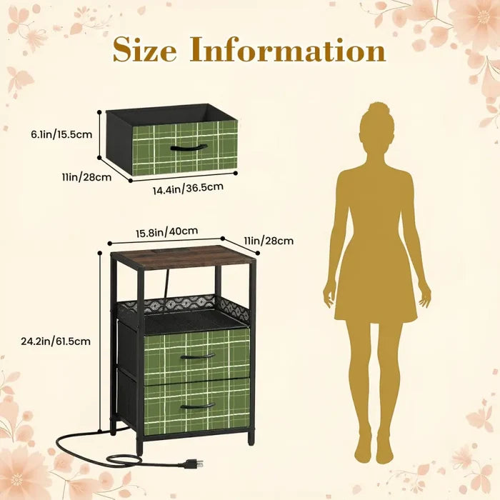 Green Plaid Style Retro 60s Bedside Cabinet with Integrated Power Access - retro bedside table