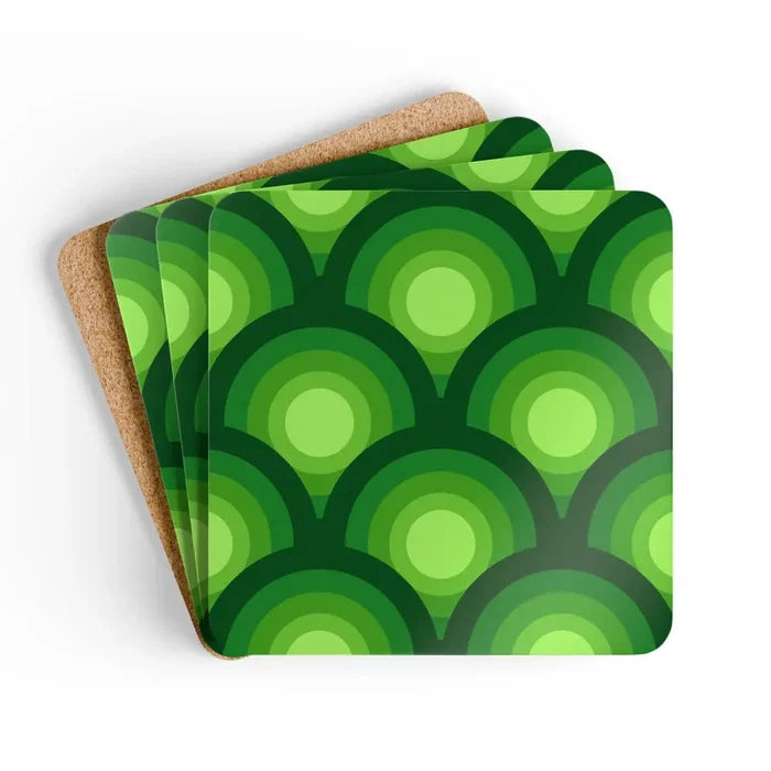 Green Retro 70s Corkwood Coaster Set | Midcentury Home Decor Gift - retro table linen