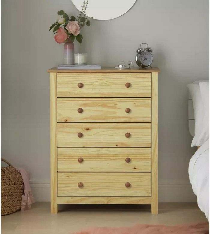 Home Scandinavia 5 Drawer Chest Pine | Bedroom Storage Solid Furniture Unit