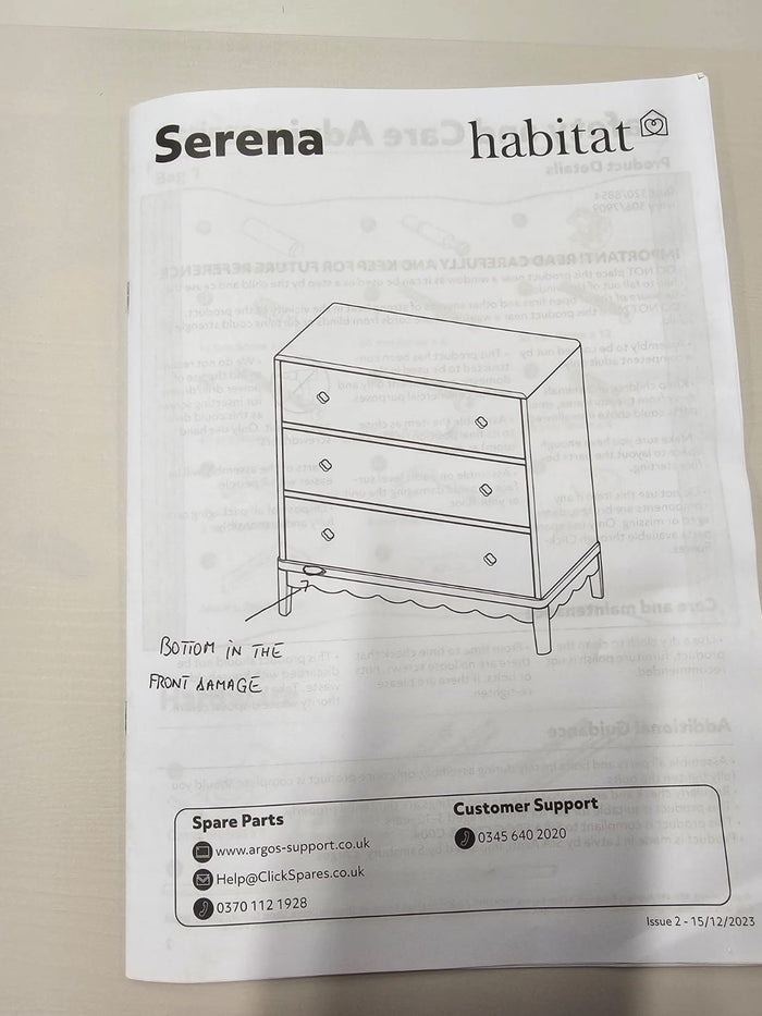 Kids Serena 3 Drawer Chest of Drawers - Ivory (B Grade)