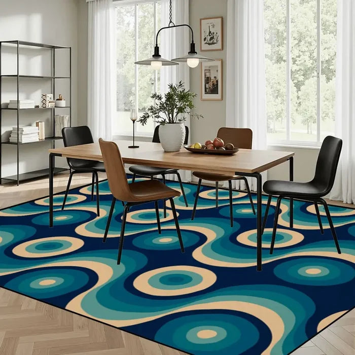Large Blue 70s Retro Rug 12x9 ft – Midcentury Plush Non-Slip Area Rug - retro rug