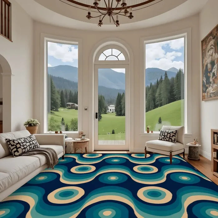 Large Blue 70s Retro Rug 12x9 ft – Midcentury Plush Non-Slip Area Rug - retro rug
