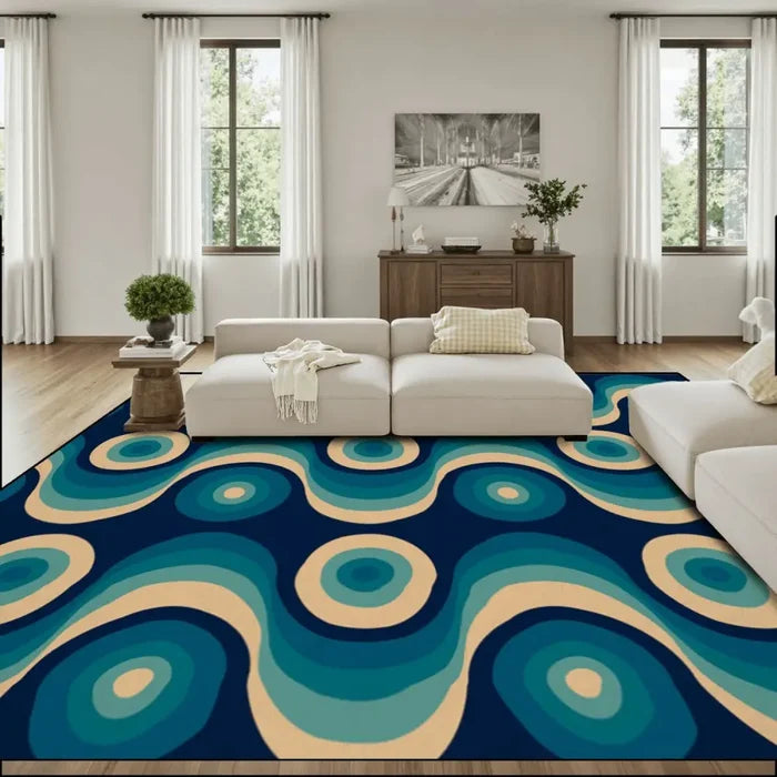 Large Blue 70s Retro Rug 12x9 ft – Midcentury Plush Non-Slip Area Rug - 144’’x108’’ - retro rug
