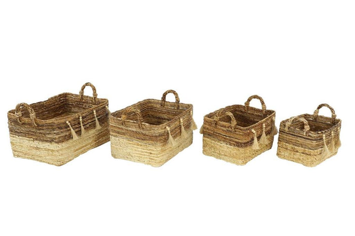 LARGE, RECTANGULAR NATURAL BROWN & BEIGE BANANA LEAF STORAGE BASKETS W/ WOOD BEADS