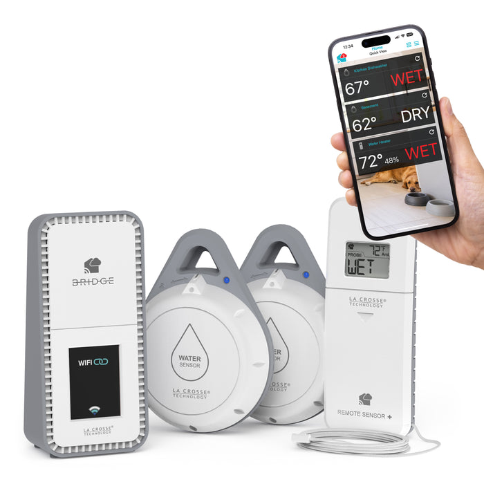 Leak Geek alert and monitoring system has a 1 area water detection sensor and 2 spot water detection sensors works with a Bridge gateway and the La Crosse View app