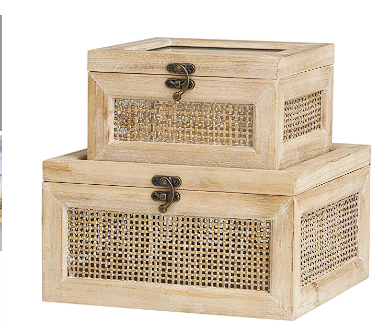 LIGHT BROWN WOOD GLASS TOP BOX WITH RATTAN SIDE PANELS AND BRONZE HOOK CLOSURES, SET OF 2 9", 7"W
