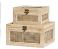 LIGHT BROWN WOOD GLASS TOP BOX WITH RATTAN SIDE PANELS AND BRONZE HOOK CLOSURES, SET OF 2 9", 7"W