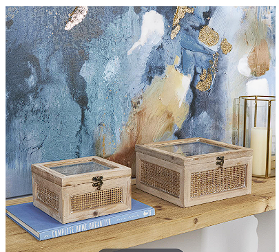 LIGHT BROWN WOOD GLASS TOP BOX WITH RATTAN SIDE PANELS AND BRONZE HOOK CLOSURES, SET OF 2 9", 7"W
