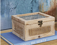LIGHT BROWN WOOD GLASS TOP BOX WITH RATTAN SIDE PANELS AND BRONZE HOOK CLOSURES, SET OF 2 9", 7"W