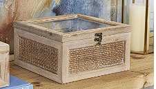 LIGHT BROWN WOOD GLASS TOP BOX WITH RATTAN SIDE PANELS AND BRONZE HOOK CLOSURES, SET OF 2 9", 7"W