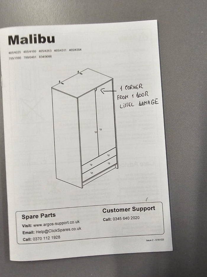 Malibu 2 Door 2 Drawer Wardrobe - Grey (B Grade)