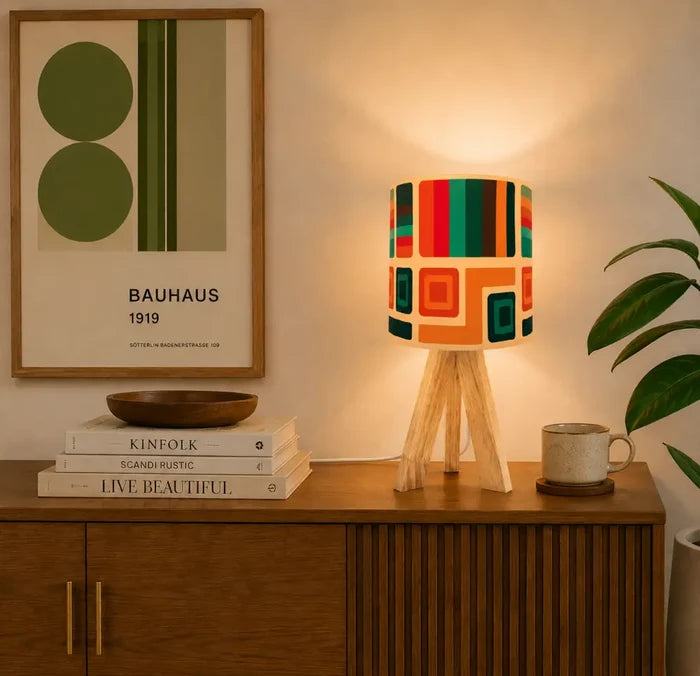 Midcentury Modern Retro Table Lamp – Wooden Tripod Base Linen Shade - retro table lamps