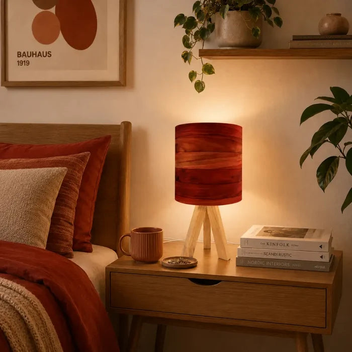 Midcentury Modern Tripod Table Lamp – Faux Wood Linen Shade Remote - retro table lamps