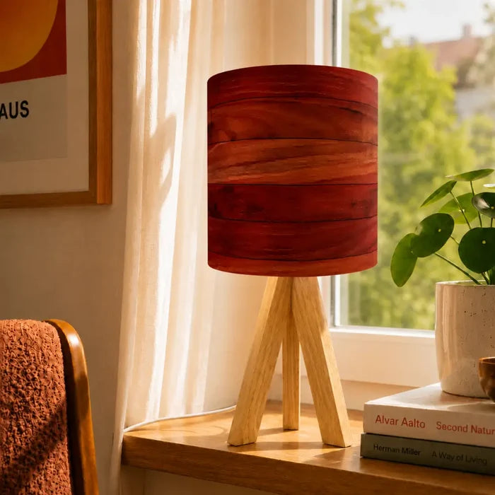 Midcentury Modern Tripod Table Lamp – Faux Wood Linen Shade Remote - retro table lamps