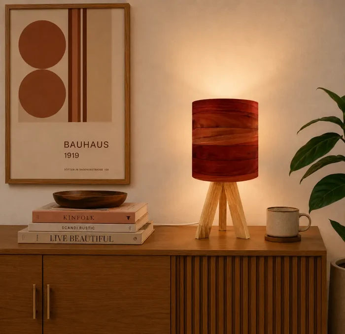Midcentury Modern Tripod Table Lamp – Faux Wood Linen Shade Remote - retro table lamps