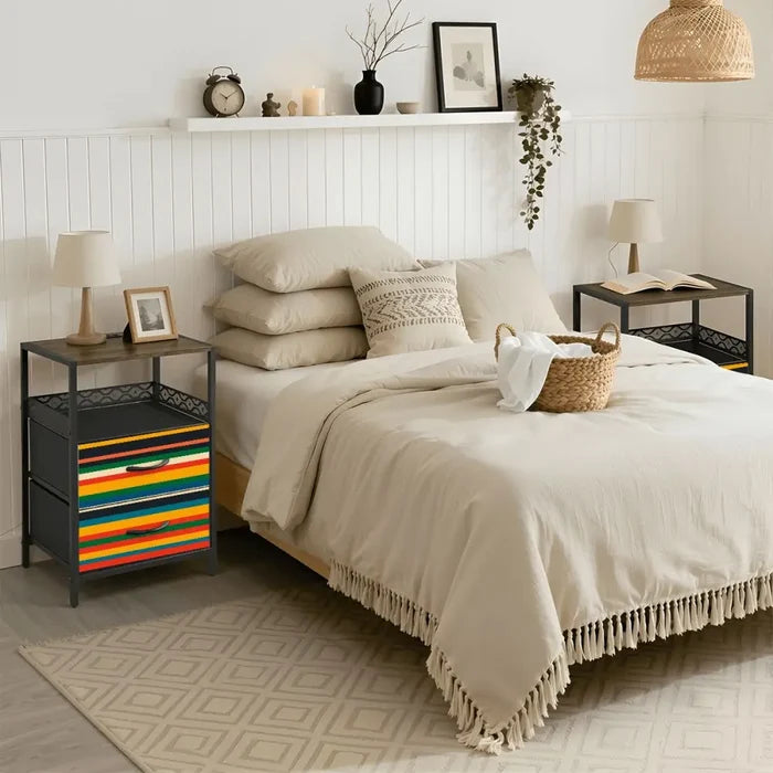 Midcentury Nightstand with Built-In Power & Retro 70s Stripes Front - retro bedside table