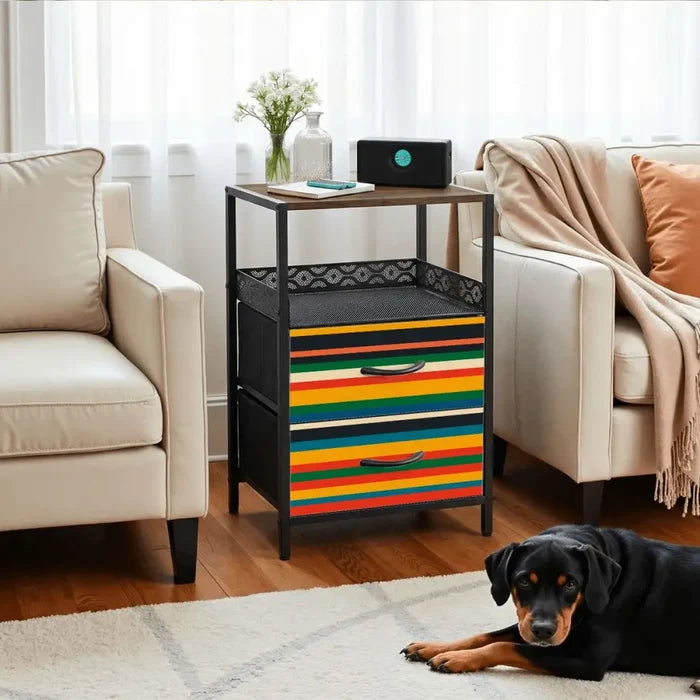 Midcentury Nightstand with Built-In Power & Retro 70s Stripes Front - retro bedside table