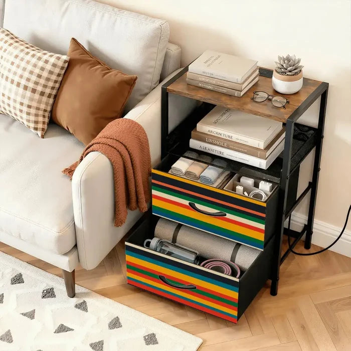 Midcentury Nightstand with Built-In Power & Retro 70s Stripes Front - retro bedside table