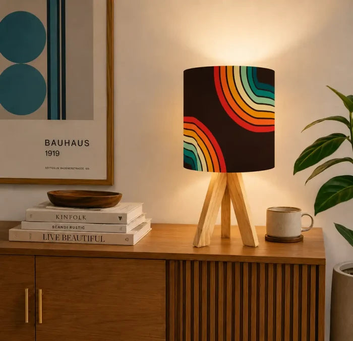 Midcentury Rainbow Retro Table Lamp – Wood Tripod Base Linen Shade - retro table lamps