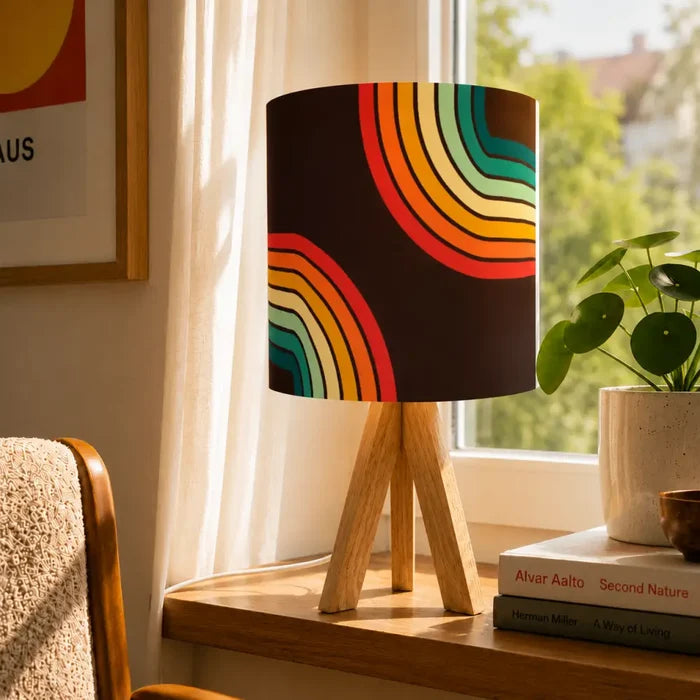 Midcentury Rainbow Retro Table Lamp – Wood Tripod Base Linen Shade - retro table lamps