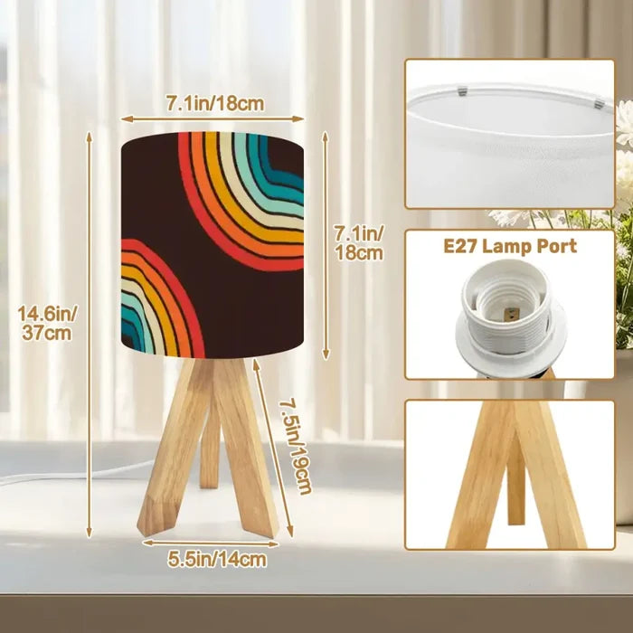 Midcentury Rainbow Retro Table Lamp – Wood Tripod Base Linen Shade - retro table lamps