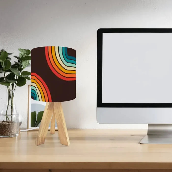 Midcentury Rainbow Retro Table Lamp – Wood Tripod Base Linen Shade - retro table lamps