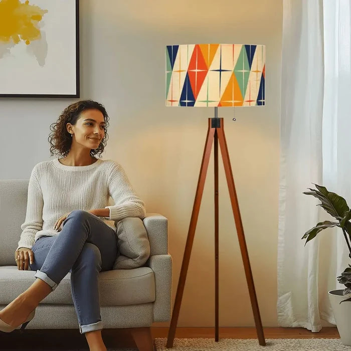Midcentury Retro Floor Lamp – 60s Atomic Linen Shade Tripod Base Smart LED - retro floor lamps