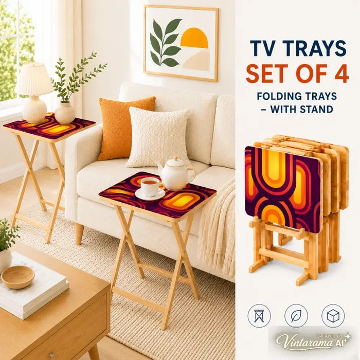 Midcentury Retro TV Trays Set of 4 with Wooden Storage Rack - 4 Pack - retro tv tray