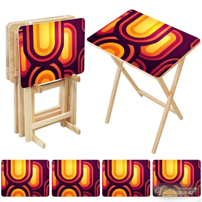 Midcentury Retro TV Trays Set of 4 with Wooden Storage Rack - 4 Pack - retro tv tray