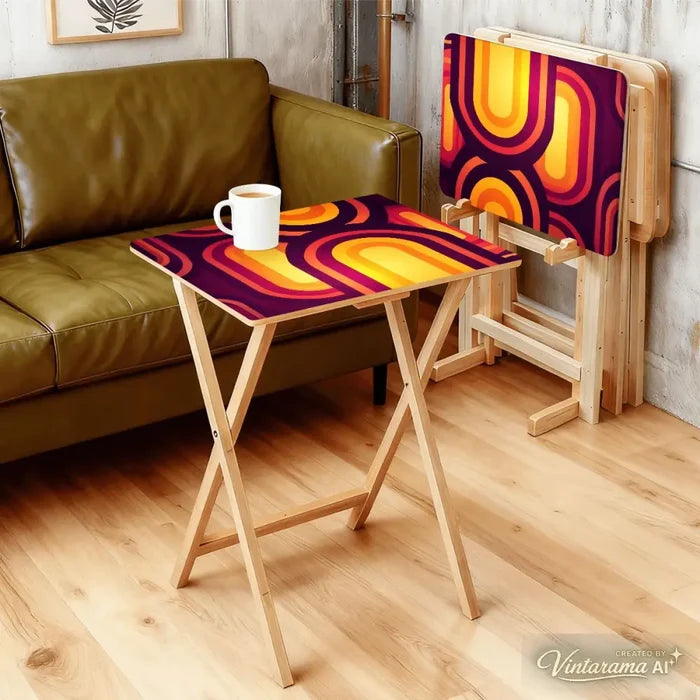 Midcentury Retro TV Trays Set of 4 with Wooden Storage Rack - 4 Pack - retro tv tray
