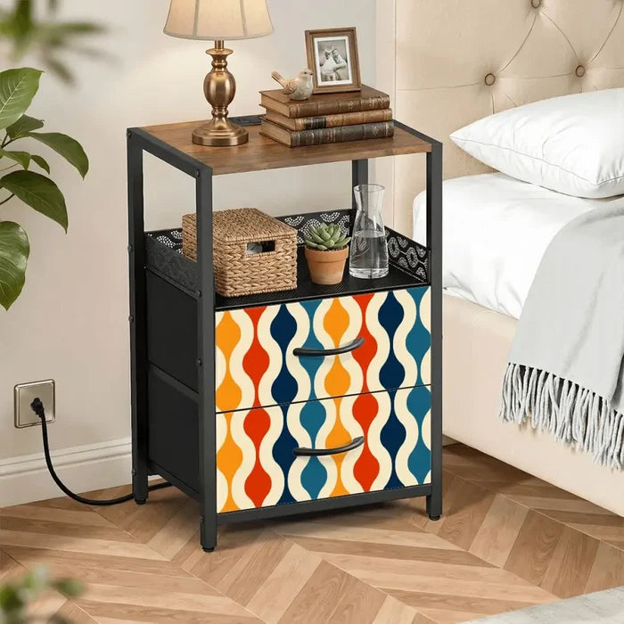 Midcentury Side Table with Power Outlets - Nightstand With Two Drawers - retro bedside table