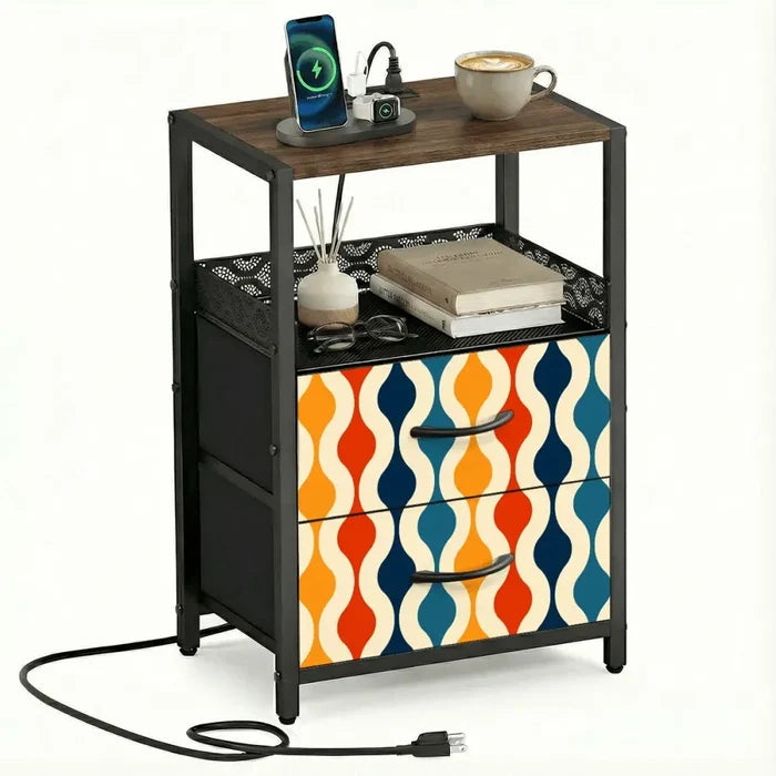 Midcentury Side Table with Power Outlets - Nightstand With Two Drawers - retro bedside table