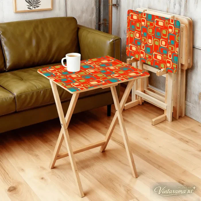 Midcentury TV Tray 4 Tables Set with Rack – Foldable Wooden Snack Tables - 4 Pack - retro tv tray