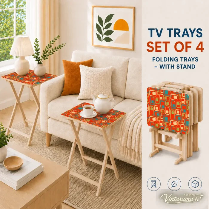 Midcentury TV Tray 4 Tables Set with Rack – Foldable Wooden Snack Tables - 4 Pack - retro tv tray