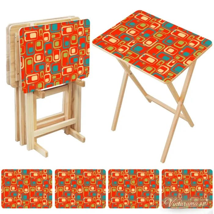 Midcentury TV Tray 4 Tables Set with Rack – Foldable Wooden Snack Tables - 4 Pack - retro tv tray